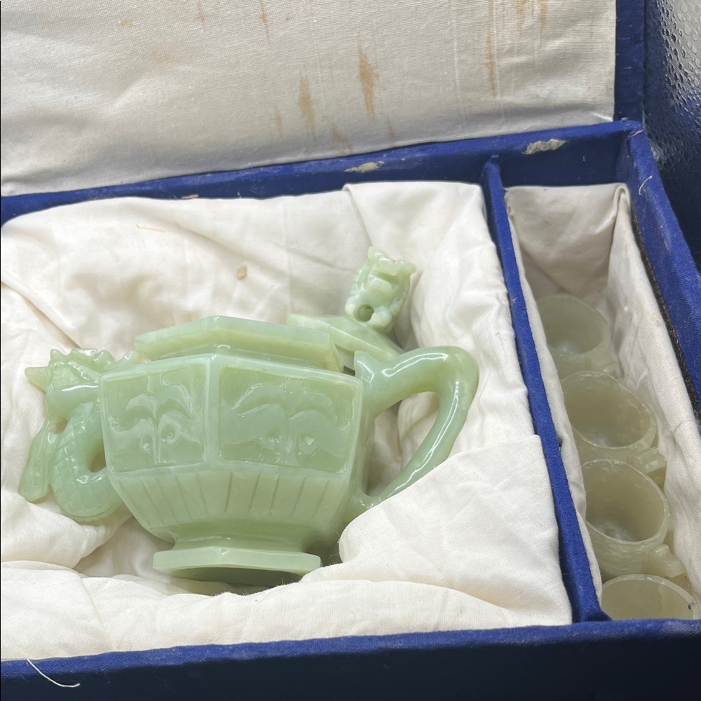 Antique Hand Carved Jade Miniature Teapot and Cups